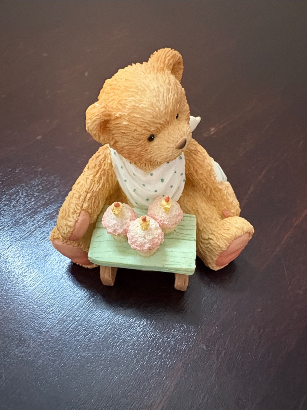 Cherished Teddies Tan Bear with Mint Picnic Table & Three Pink Cupcakes & Candle